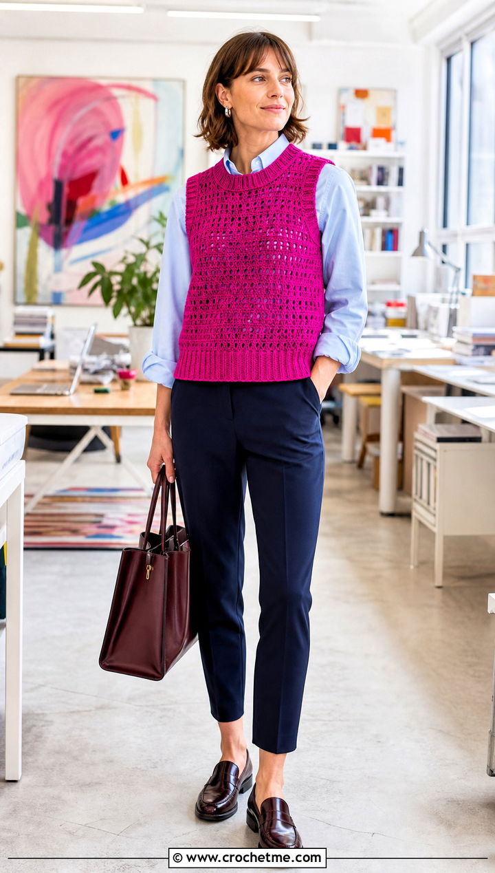 Sleeveless Crochet Jumper With Poplin Shirt - 20 Beginner Crochet Jumper outfit ideas