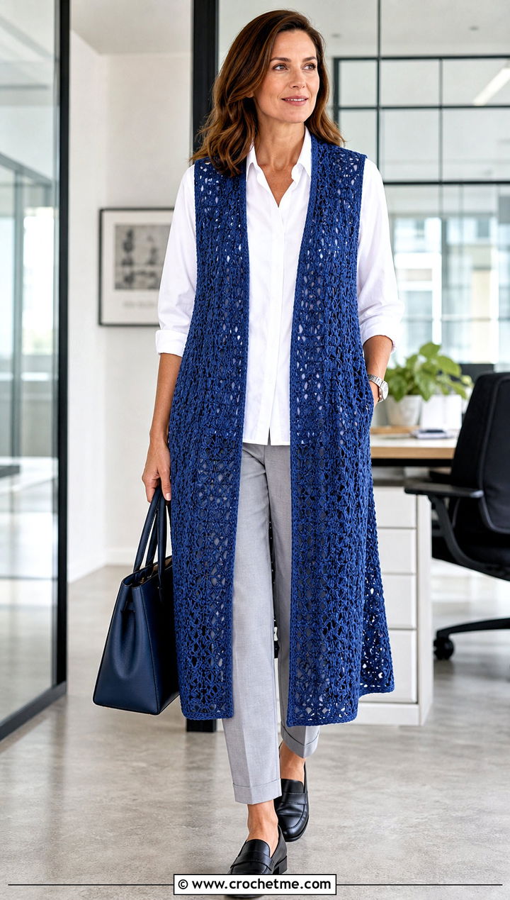 Sleeveless Crochet Kimono Vest With Poplin Shirt - 30 crochet summer kimono outfit ideas