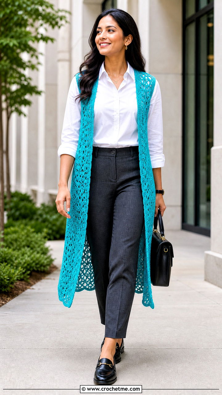 Sleeveless Crochet Kimono With Button Down Shirt - 35 crochet kimono outfit ideas
