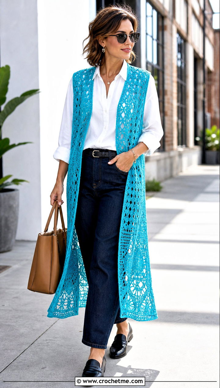 Sleeveless Crochet Lace Duster Cardigan With Barrel Jeans - 20 Crochet Long Lacy Cardigan outfit ideas