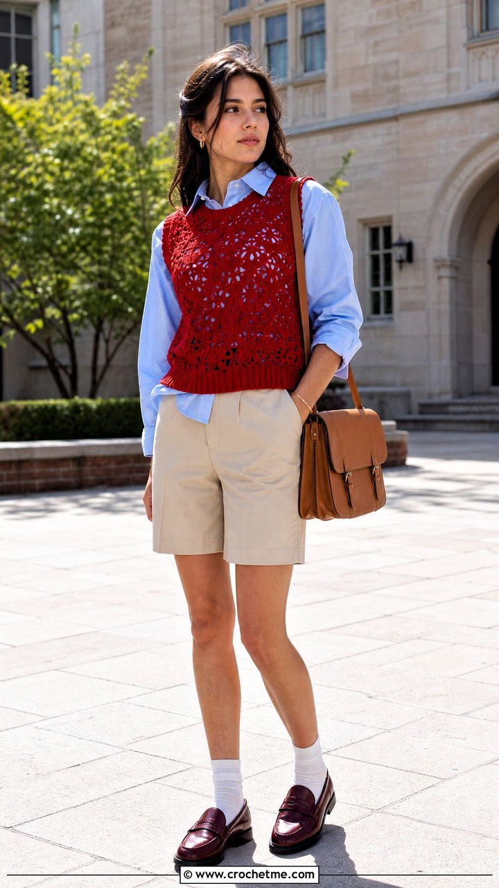 Sleeveless Crochet Lace Sweater Vest With Oxford Shirt - 35 crochet lace sweater outfit ideas