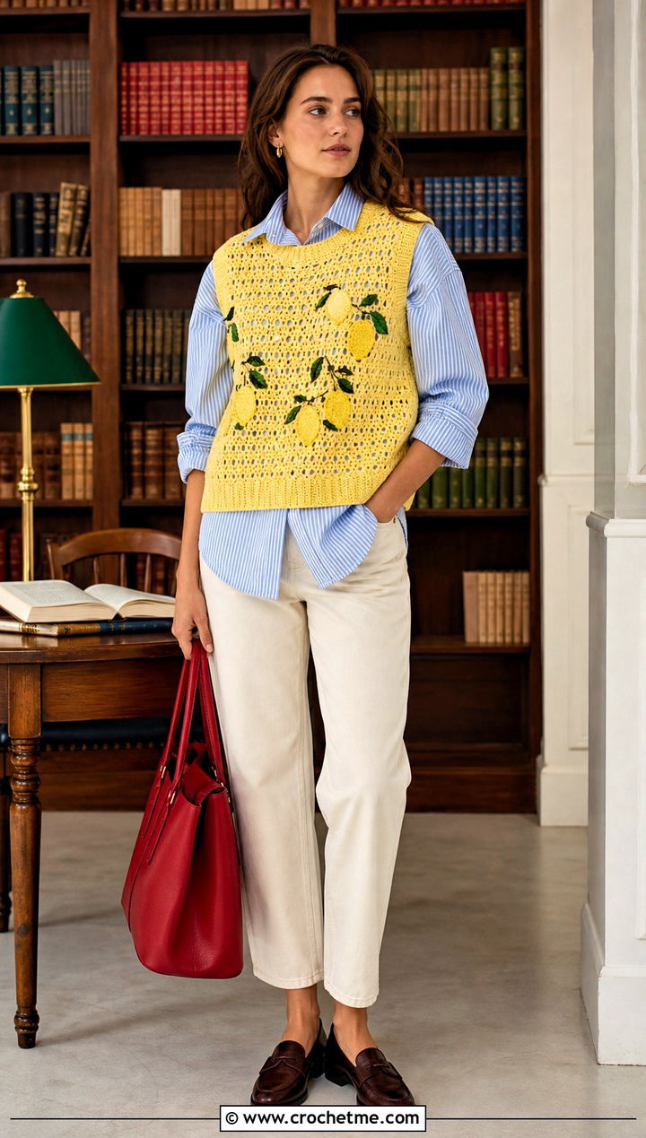 Sleeveless Crochet Lemon Sweater Vest With Striped Shirt - 25 Crochet Lemon Sweater outfit ideas