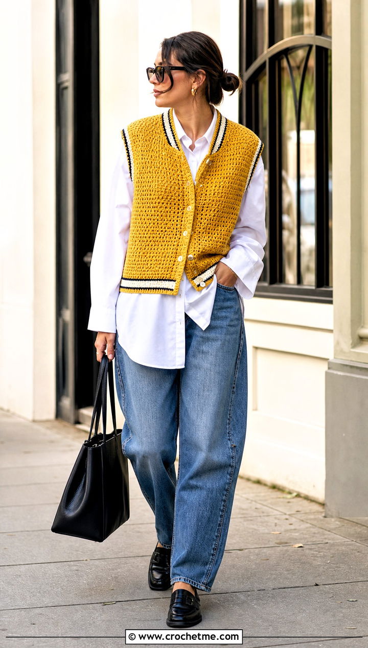 Sleeveless Crochet Letterman Jacket With Poplin Shirt And Jeans - 30 crochet letterman jacket outfit ideas