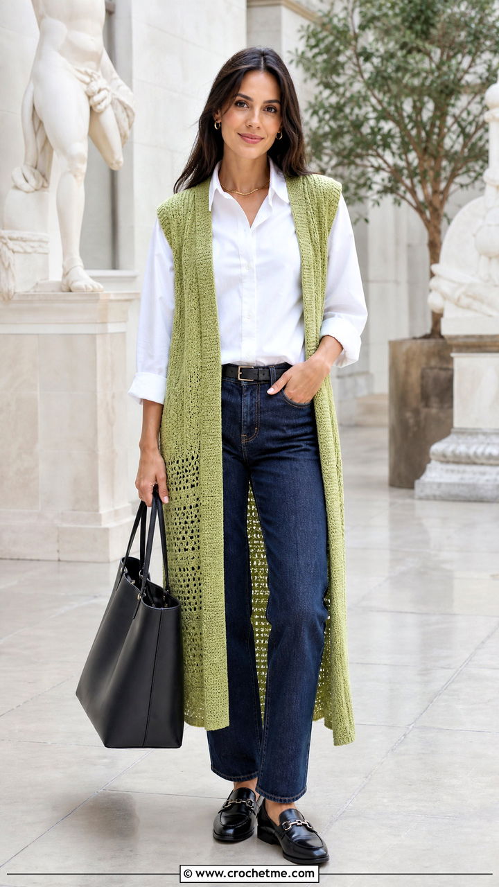 Sleeveless Crochet Long Cardigan With Poplin Shirt - 35 crochet long cardigan outfit ideas