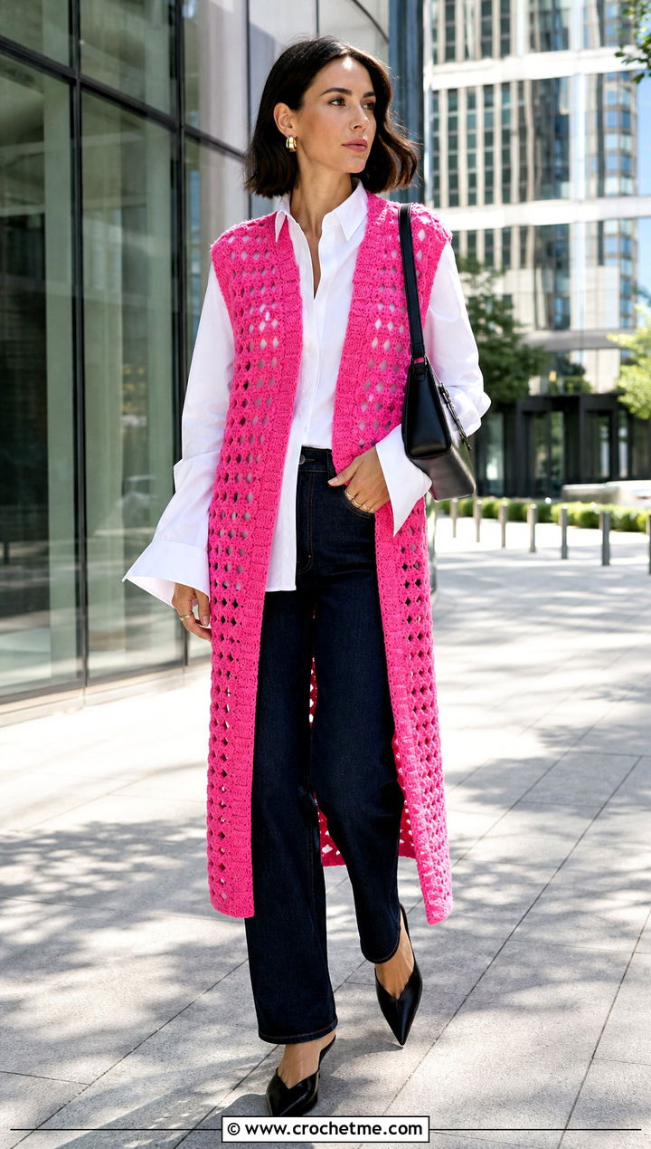 Sleeveless Crochet Long Coat With Poplin Shirt - 35 crochet long coat outfit ideas