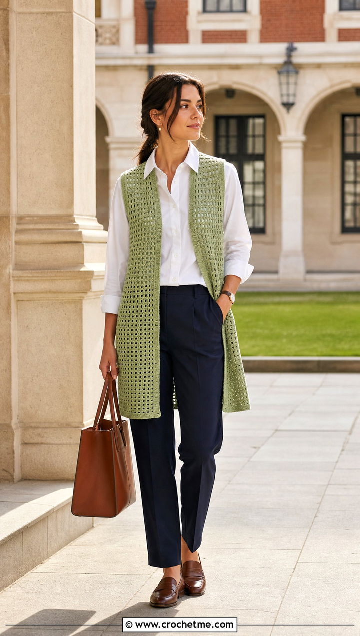 Sleeveless Crochet Mesh Cardigan With Poplin Shirt - 35 crochet mesh cardigan outfit ideas