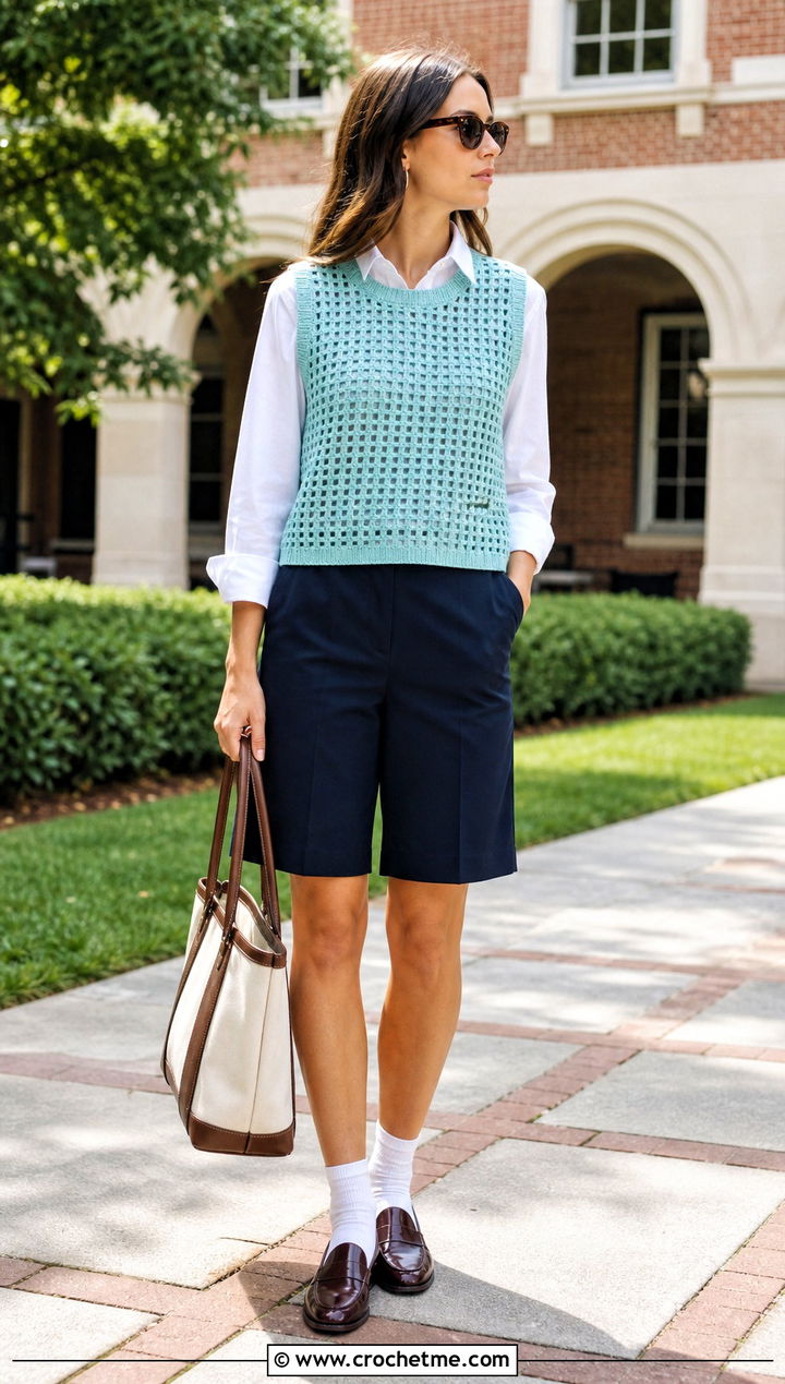Sleeveless Crochet Mesh Jumper Over A Poplin Shirt - 30 crochet mesh jumper outfit ideas