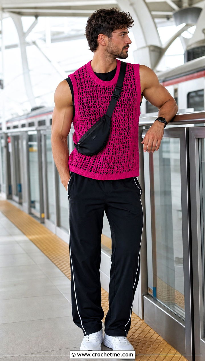 Sleeveless Crochet Mesh Shirt With Track Pants - 25 Men Crochet Mesh Shirt outfit ideas