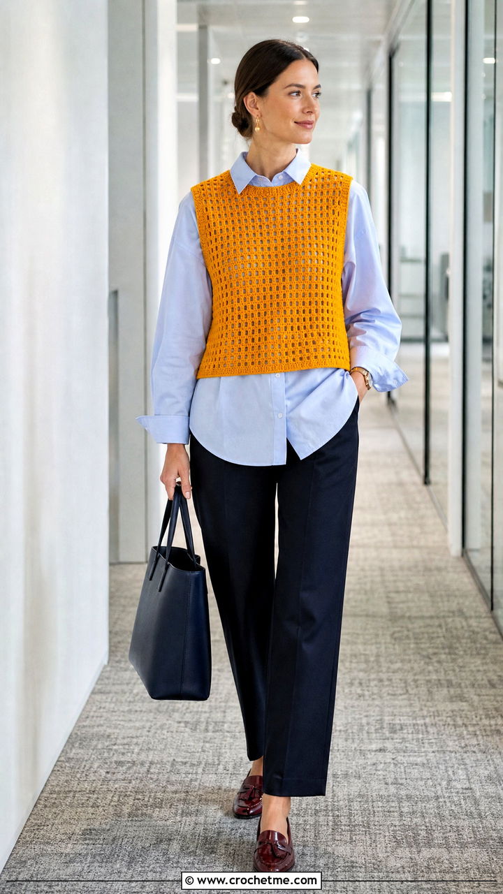 Sleeveless Crochet Mesh Vest With Poplin Shirt - 35 crochet mesh top outfit ideas