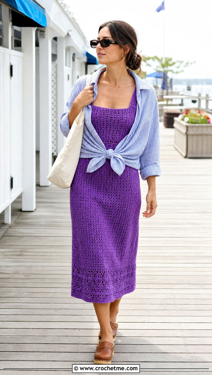 Sleeveless Crochet Milkmaid Dress With Striped Shirt - 30 crochet milkmaid dress outfit ideas