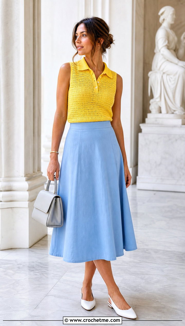 Sleeveless Crochet Polo Shirt With A Line Midi Skirt - 25 women crochet polo shirt outfit ideas