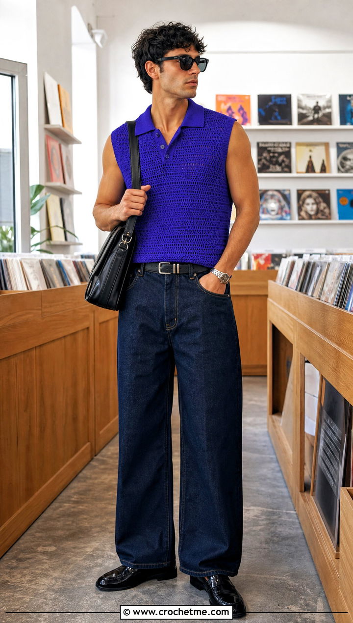 Sleeveless Crochet Polo Vest With Wide Leg Jeans - 15 crochet tops for men outfit ideas