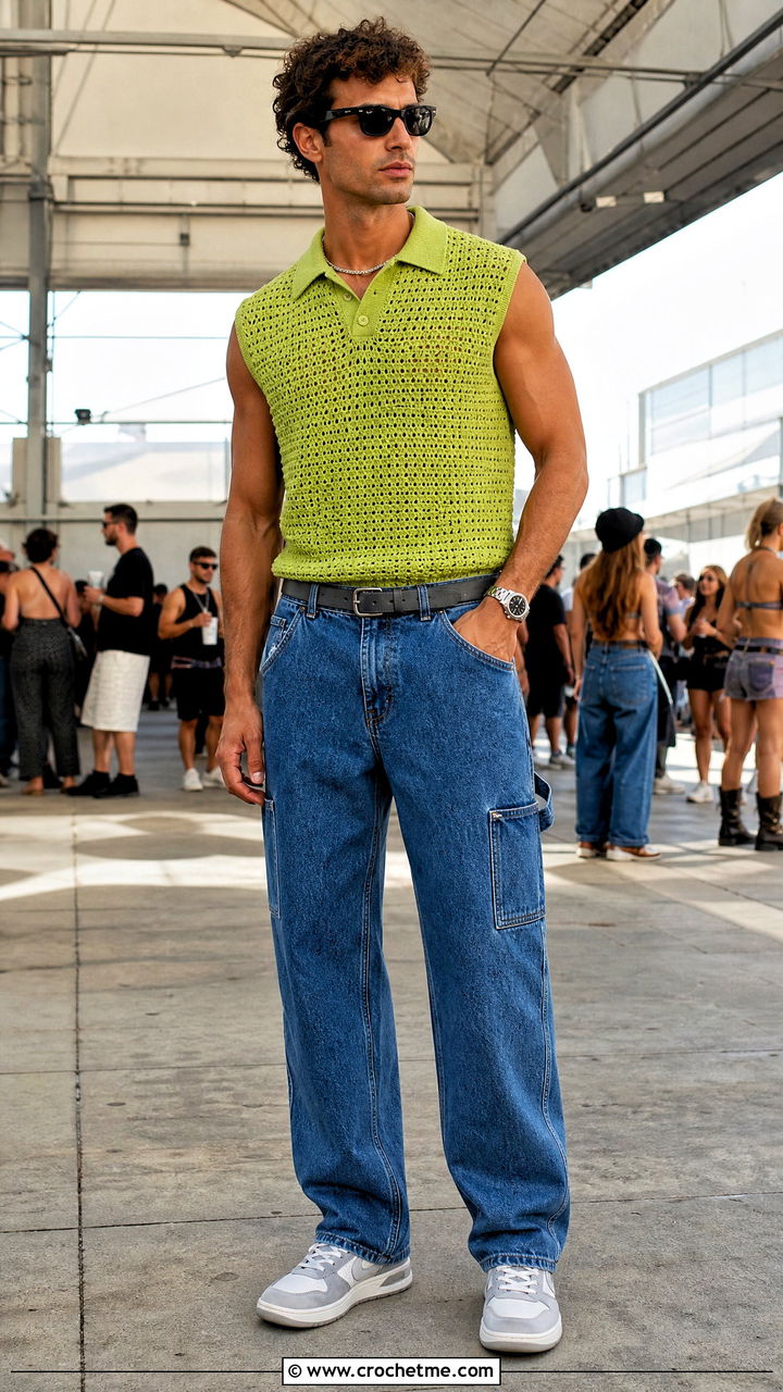 Sleeveless Crochet Polo With Carpenter Jeans - 35 crochet top men outfit ideas