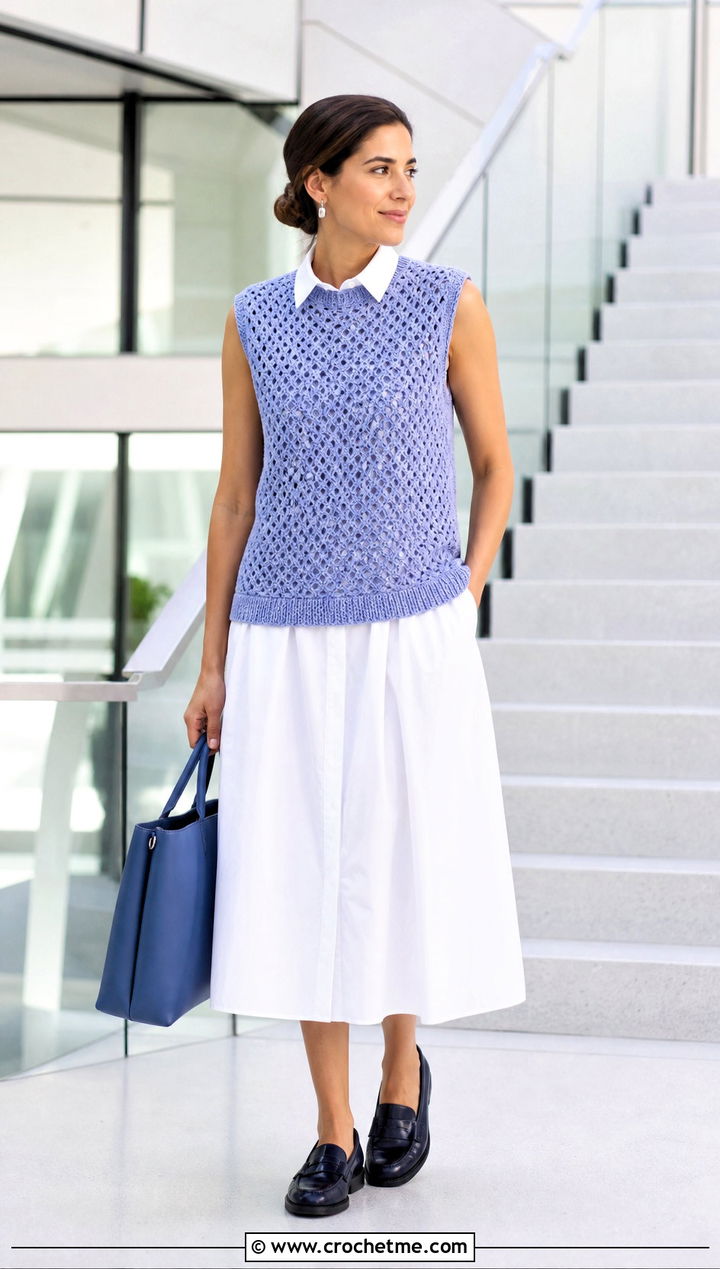 Sleeveless Crochet Pullover Over Poplin Dress - 30 Easy Crochet Pullover outfit ideas