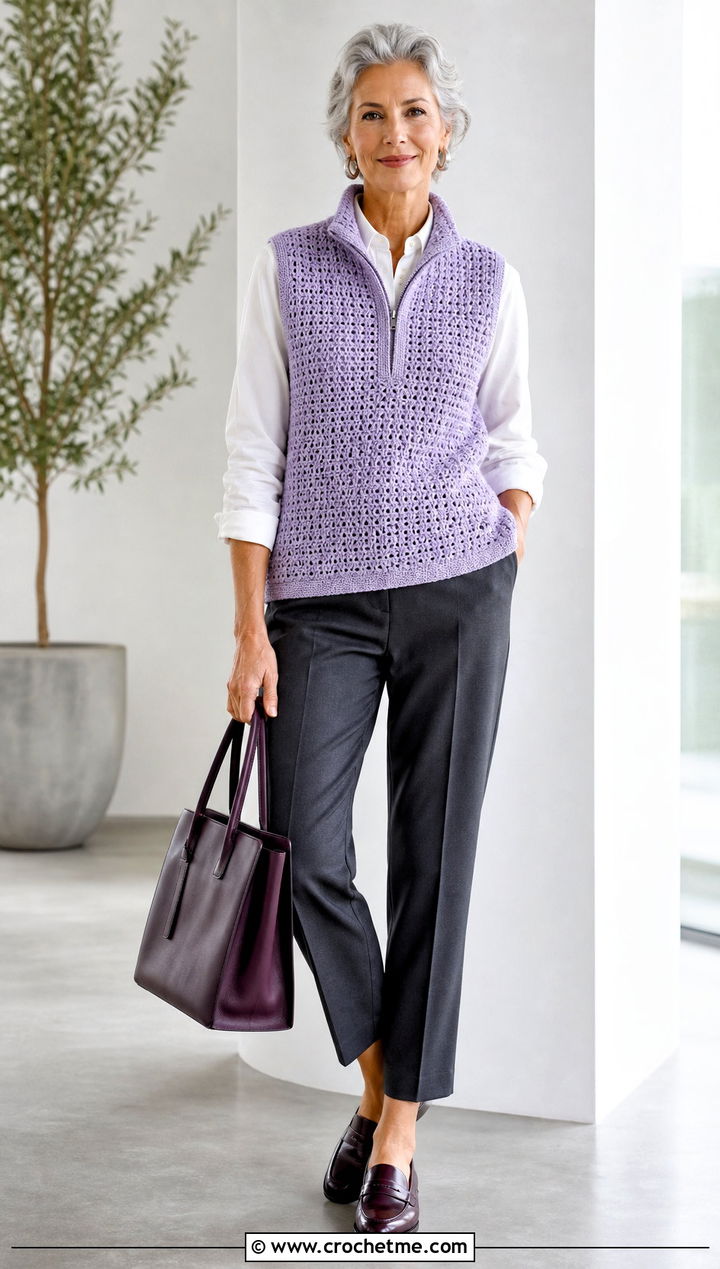 Sleeveless Crochet Quarter Zip Sweater With Button Down Shirt - 20 crochet quarter zip sweater outfit ideas