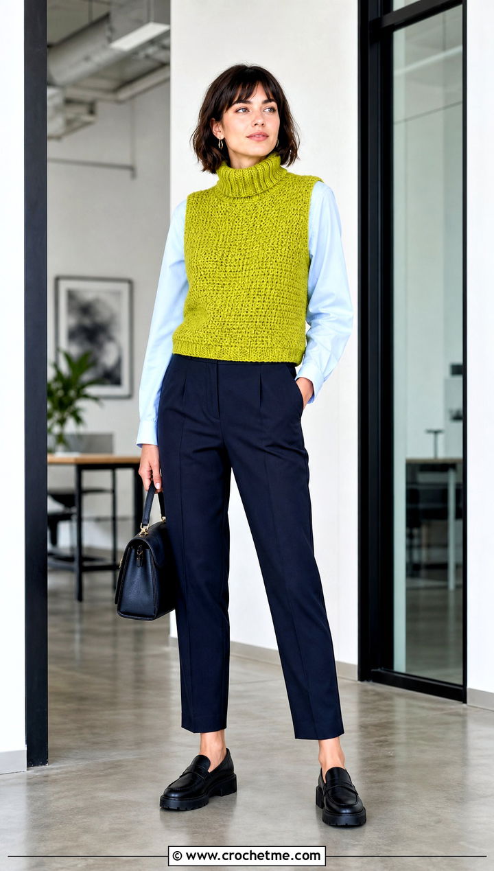 Sleeveless Crochet Roll Neck Sweater With a Long Sleeve Shirt - 20 Crochet Roll Neck Sweater outfit ideas
