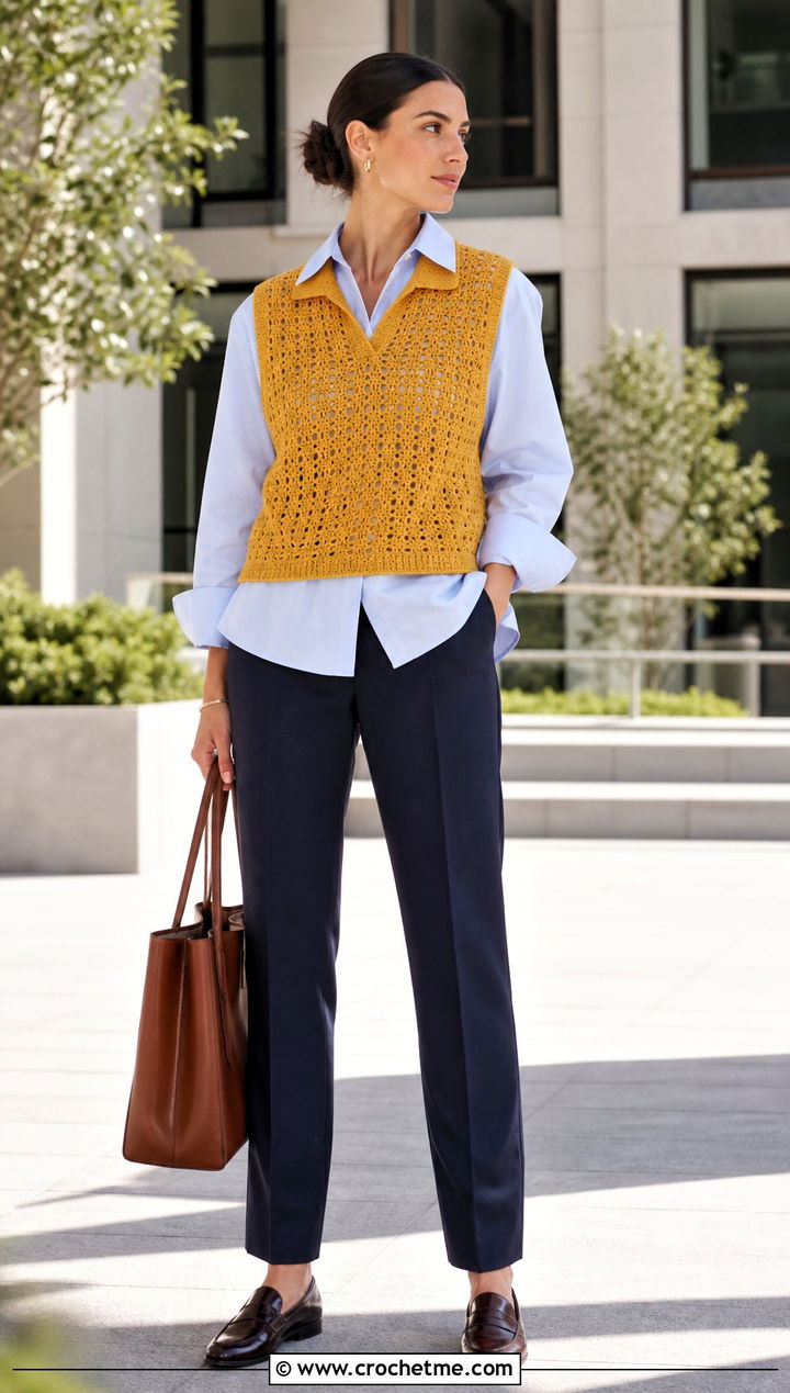 Sleeveless Crochet Rugby Shirt With Poplin Shirt - 25 Crochet Rugby Shirt outfit ideas