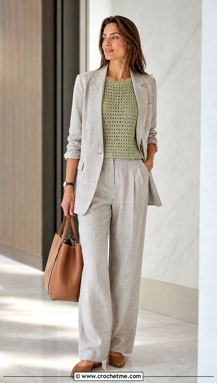 Sleeveless Crochet Shell Sweater With Linen Suit - 35 Crochet Top Sweater outfit ideas