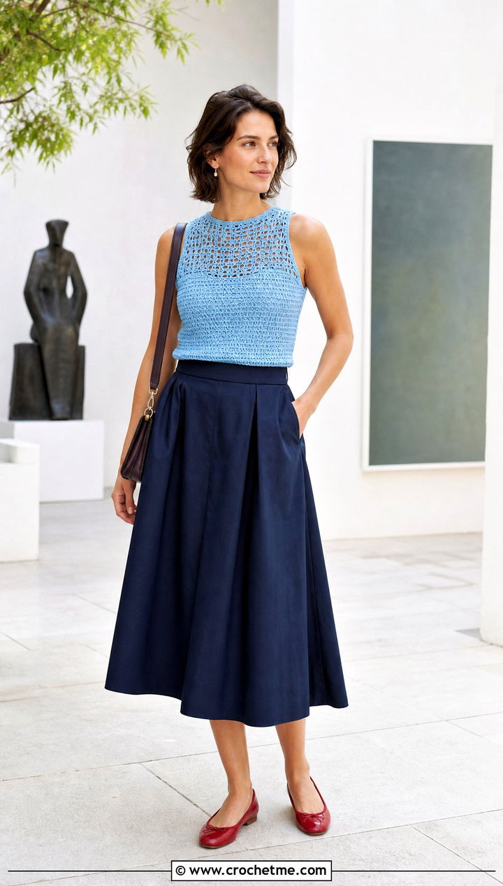 Sleeveless Crochet Shell Top With A Line Midi Skirt - 30 unique crochet top outfit ideas