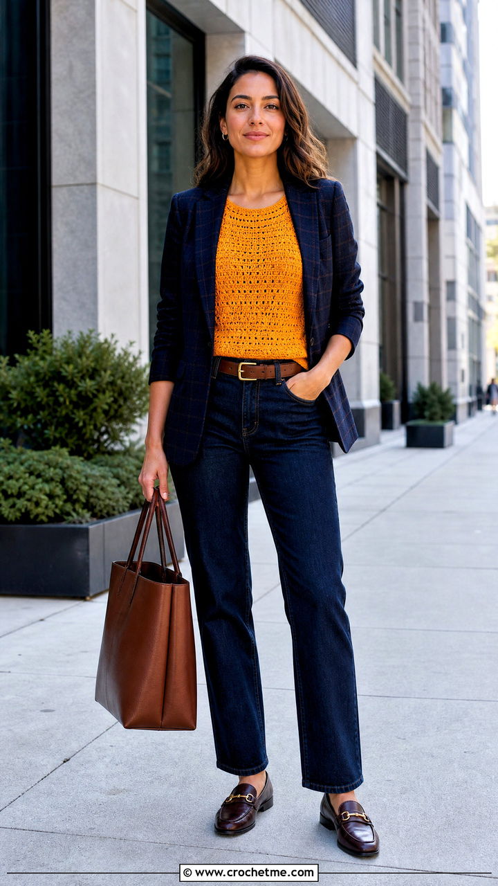 Sleeveless Crochet Shell Top With Plaid Blazer - 35 crochet fall top outfit ideas