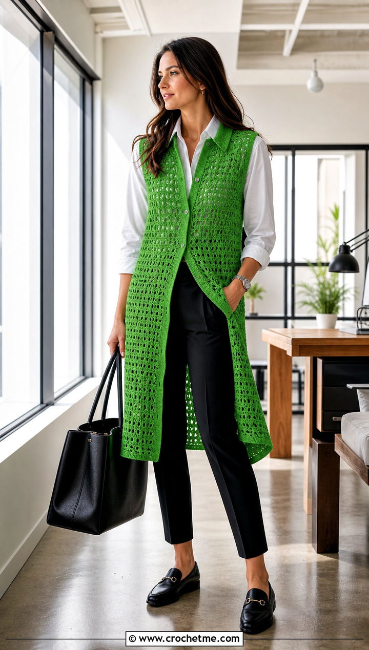 Sleeveless Crochet Shirt Dress With Crisp White Shirt - 35 crochet shirt dress outfit ideas