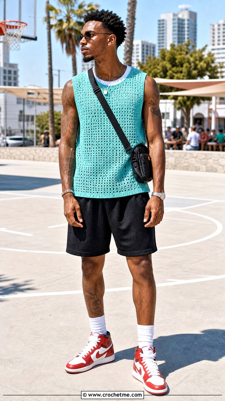 Sleeveless Crochet Shirt With Basketball Shorts - 35 mens crochet shirt outfit ideas