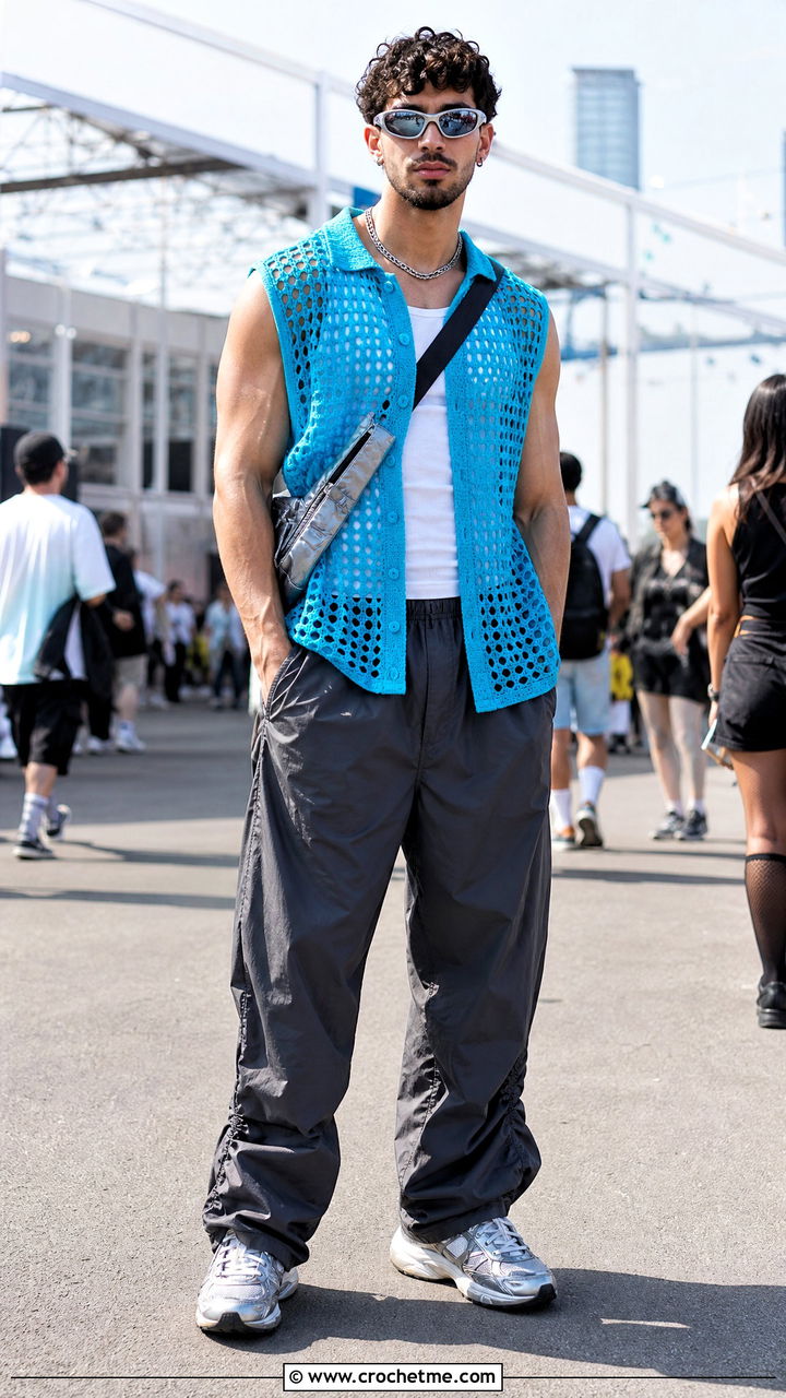 Sleeveless Crochet Shirt With Parachute Pants - 35 crochet male shirt outfit ideas