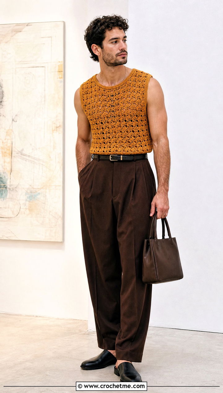 Sleeveless Crochet Shirt With Pleated Trousers - 35 men's crochet shirt outfit ideas