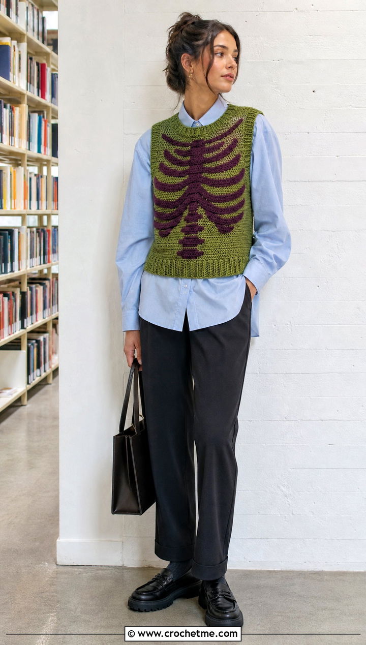 Sleeveless Crochet Skeleton Sweater Vest With Poplin Shirt - 30 Crochet Skeleton Sweater outfit ideas