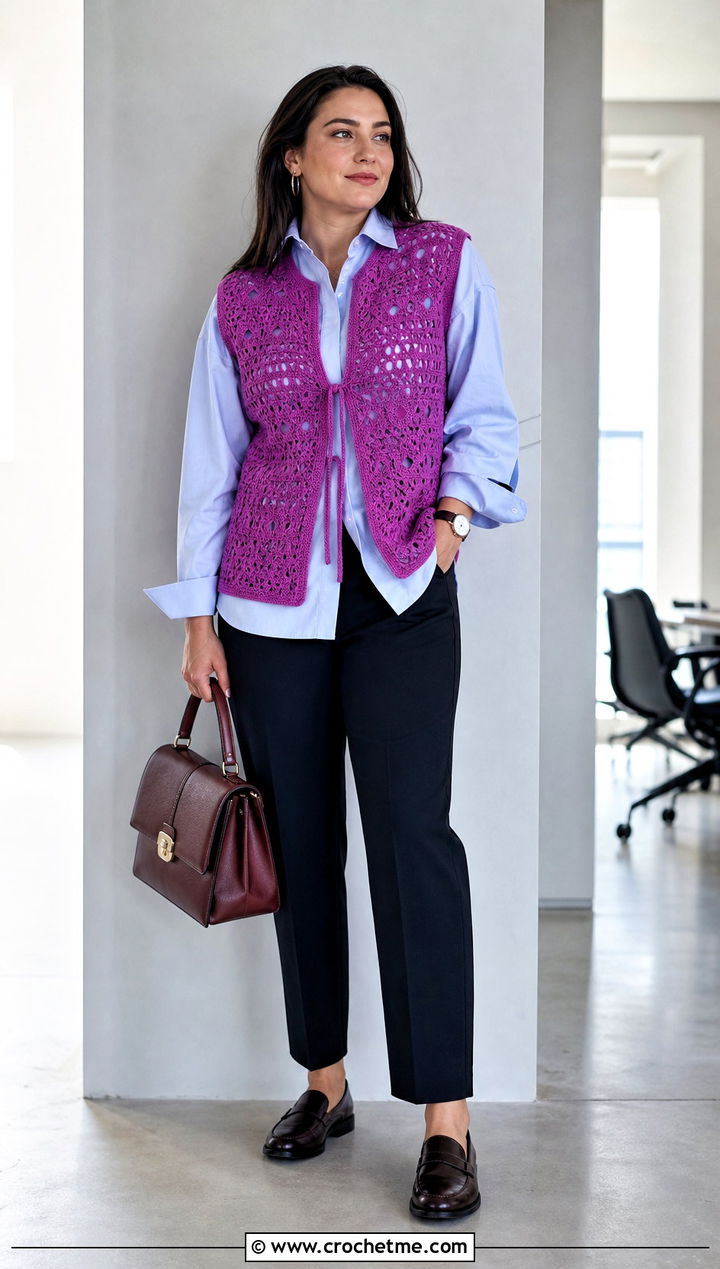 Sleeveless Crochet Summer Cardigan With Poplin Shirt - 30 plus size crochet summer cardigan outfit ideas
