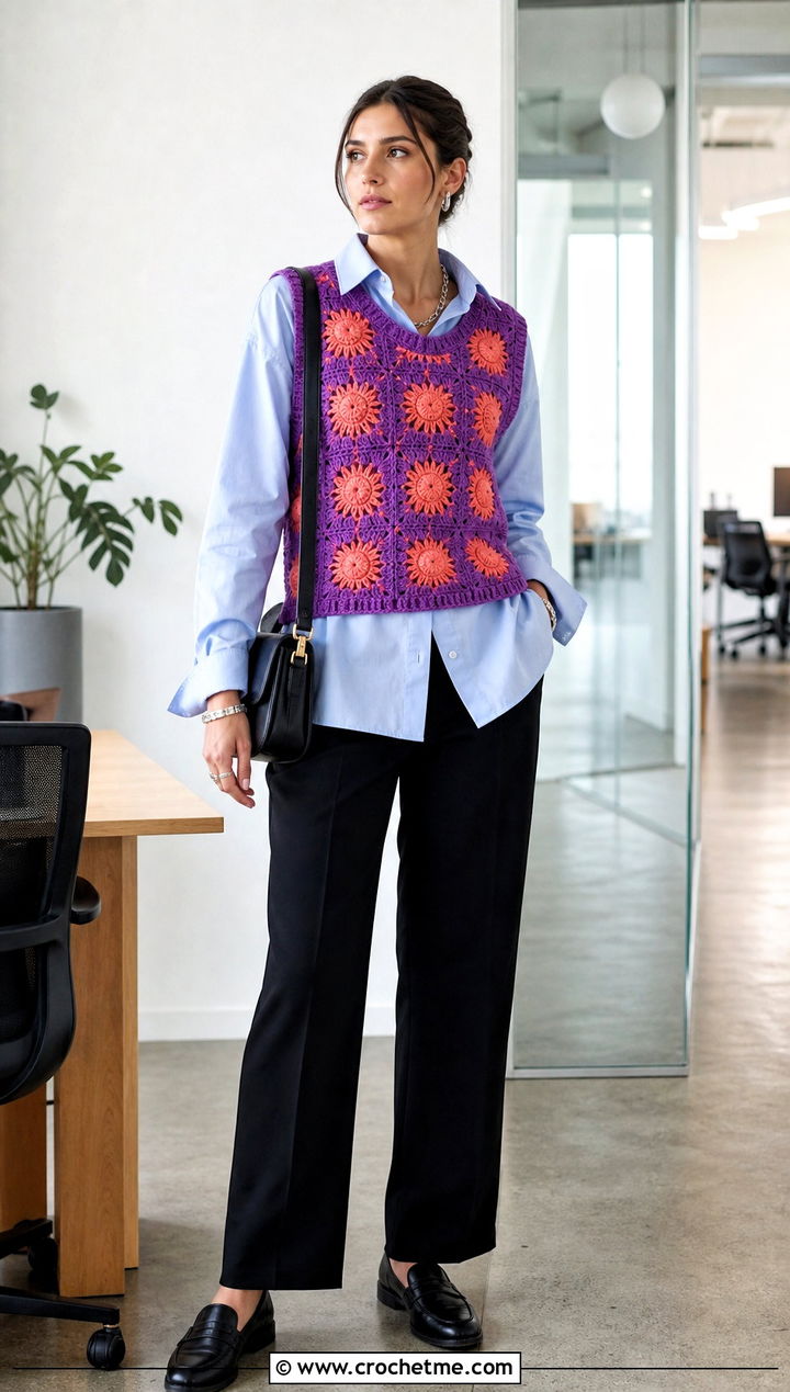 Sleeveless Crochet Sunflower Sweater With Poplin Shirt - 35 crochet sunflower sweater outfit ideas