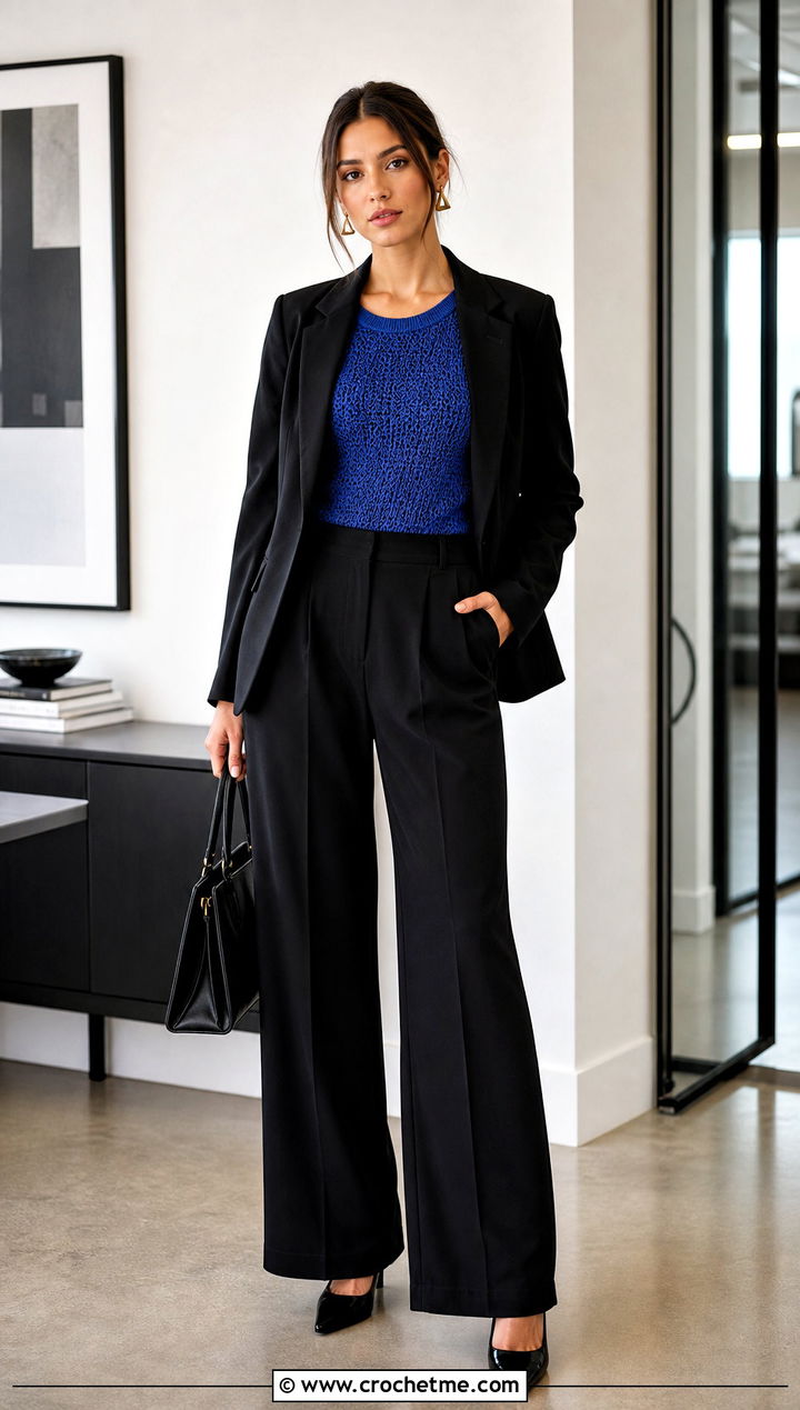 Sleeveless Crochet Sweater Shell With a Pantsuit - 20 Crochet Lightweight Sweater outfit ideas