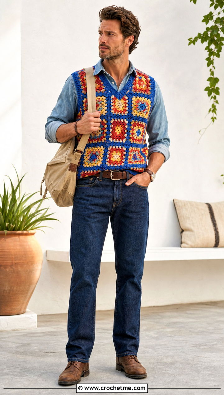 Sleeveless Crochet Sweater Vest With Double Denim - 35 men's crochet sweater ideas