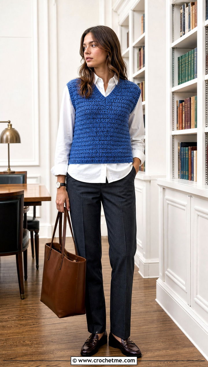 Sleeveless Crochet Sweater Vest With Oxford Shirt - 35 easy crochet sweaters outfit ideas