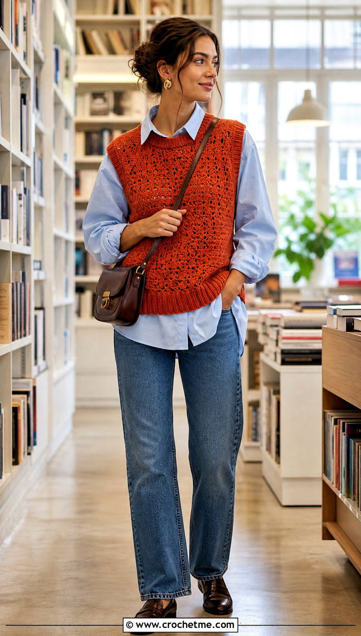 Sleeveless Crochet Sweater Vest With Poplin Shirt And Jeans - 35 crocheted sweaters outfit ideas