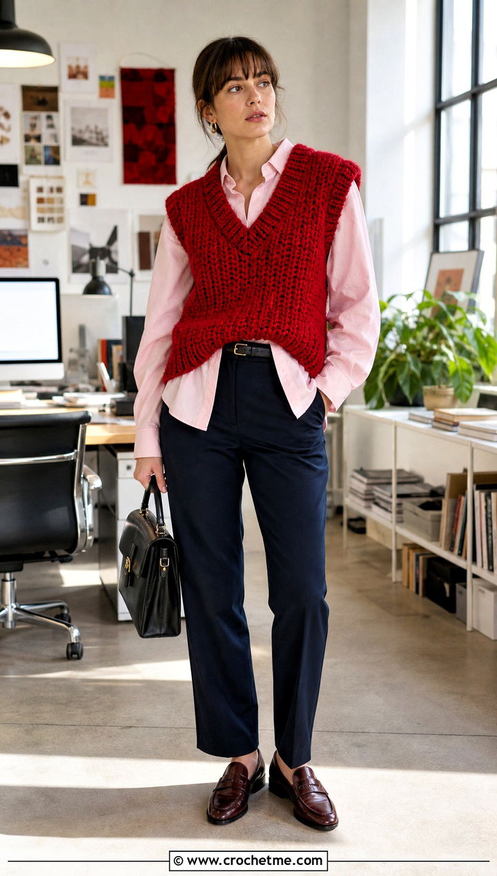 Sleeveless Crochet Sweater Vest With Poplin Shirt - 30 bulky yarn crochet sweater outfit ideas