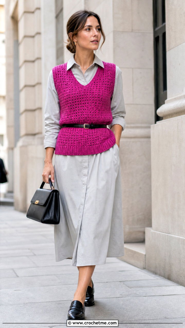 Sleeveless Crochet Sweater Vest With Shirt Dress - 35 crochet sweater design for women outfit ideas