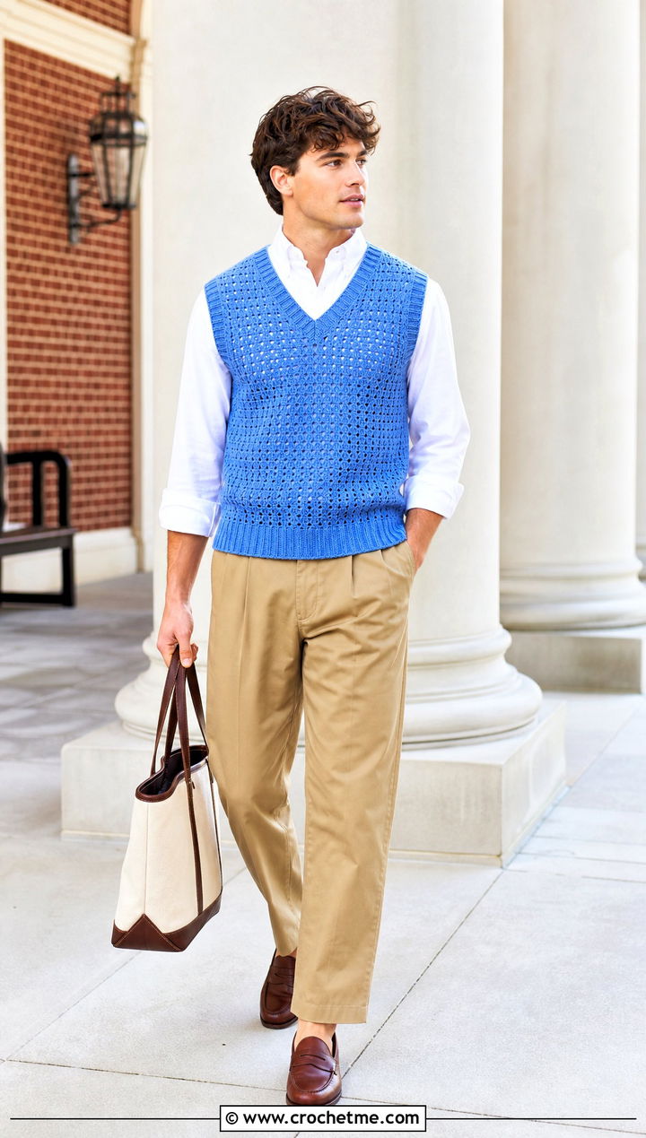 Sleeveless Crochet Sweater Vest With an Oxford Shirt - 30 men's crochet sweater outfit ideas