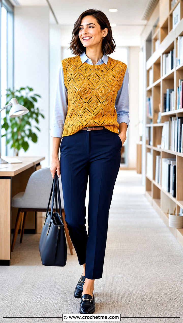 Sleeveless Crochet Sweater With Button Down Shirt - 35 crochet sweater women outfit ideas