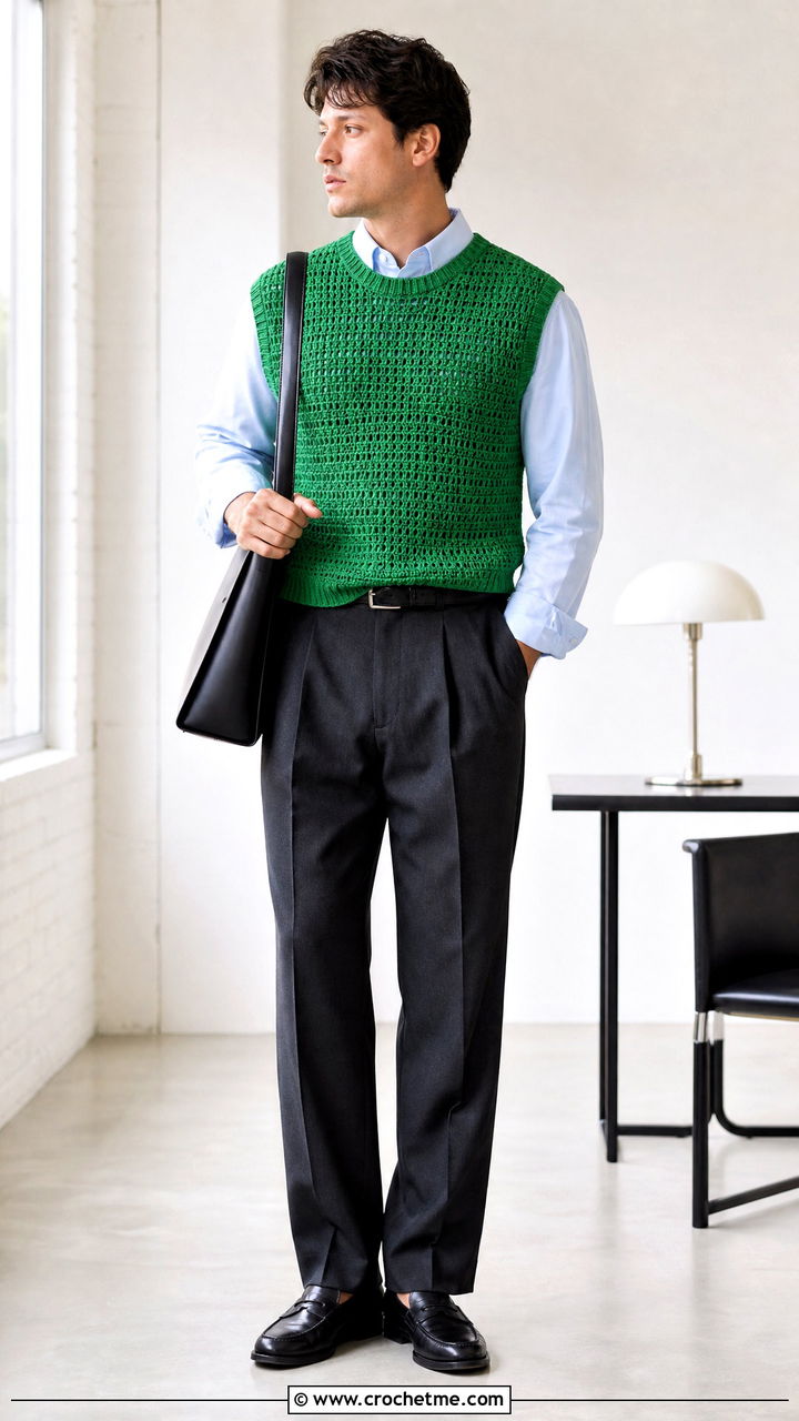 Sleeveless Crochet Sweater With Button Down Shirt - 35 men crochet sweater outfit ideas