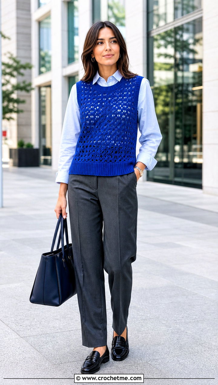 Sleeveless Crochet Sweater With Button Down Shirt - 35 simple crochet sweater outfit ideas