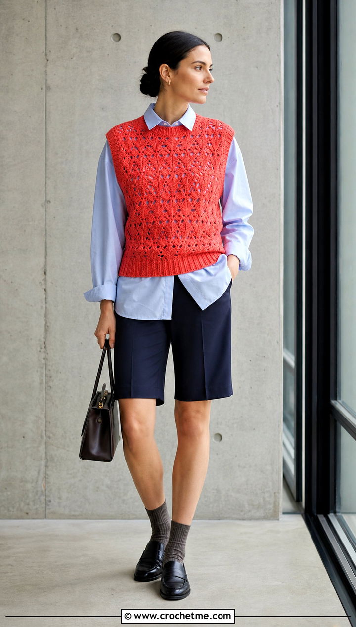 Sleeveless Crochet Sweater With Button Down Shirt - 15 Anthropologie Crochet Sweater outfit ideas