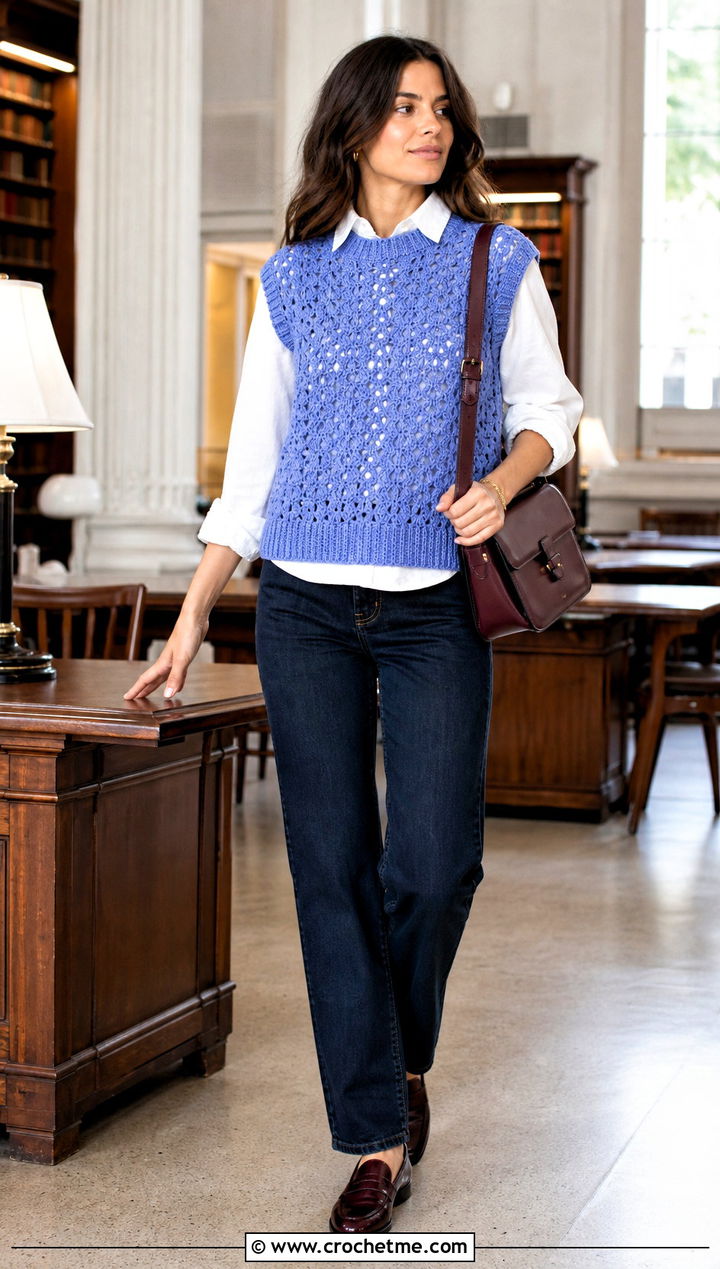 Sleeveless Crochet Sweater With Button Down Shirt - 35 crochet sweater for women outfit ideas