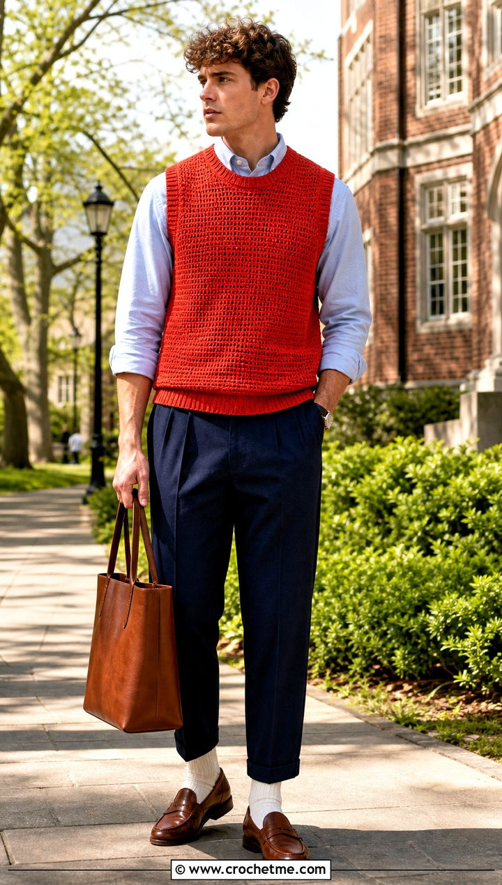 Sleeveless Crochet Sweater With Oxford Shirt - 25 man crochet sweater outfit ideas
