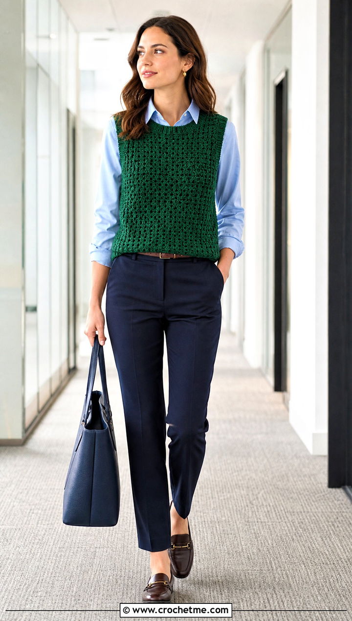 Sleeveless Crochet Sweater With Poplin Shirt - 35 cute crochet sweater outfit ideas