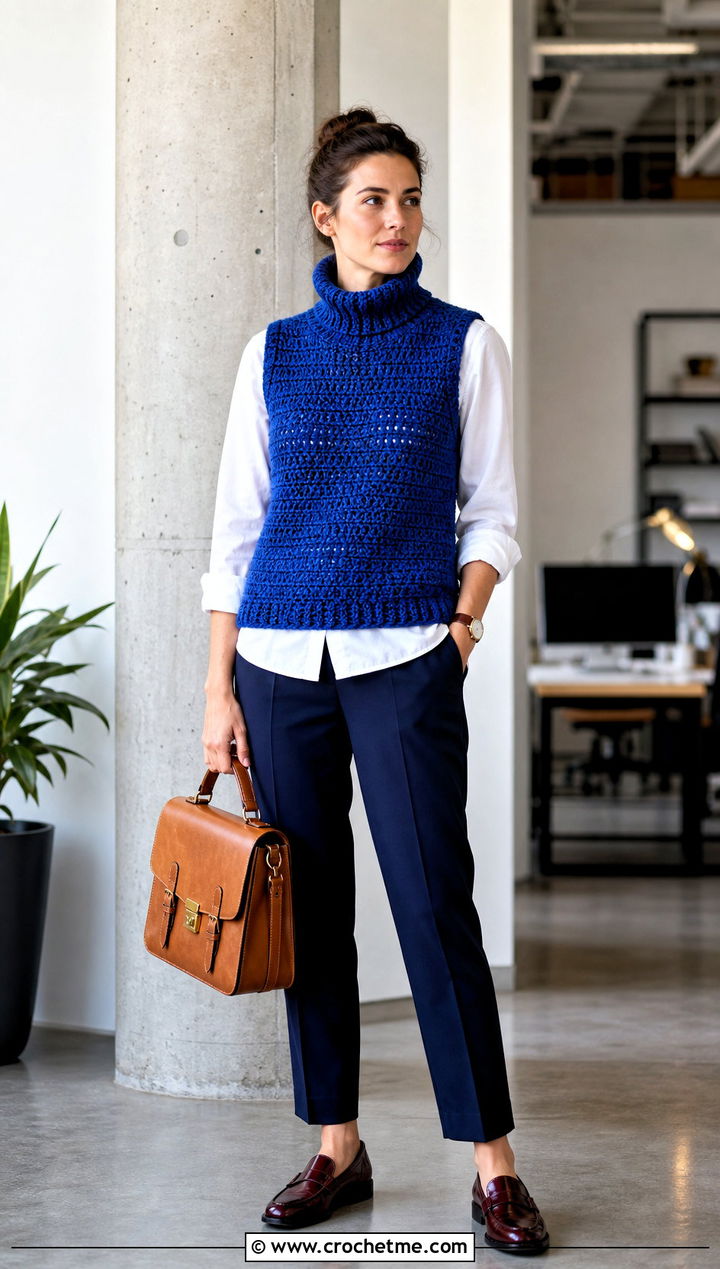 Sleeveless Crochet Turtleneck Sweater With Button Down Shirt - 30 crochet turtleneck sweater outfit ideas