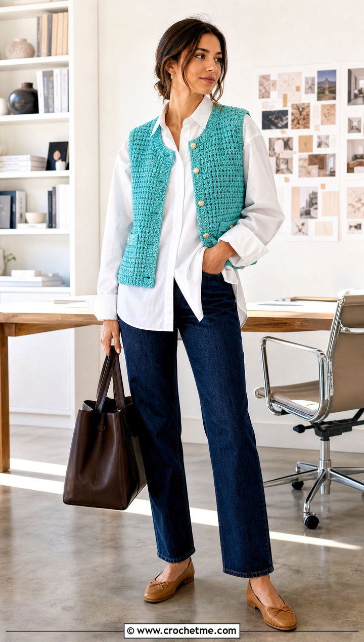 Sleeveless Crochet Tweed Jacket With Poplin Shirt - 30 crochet tweed jacket outfit ideas