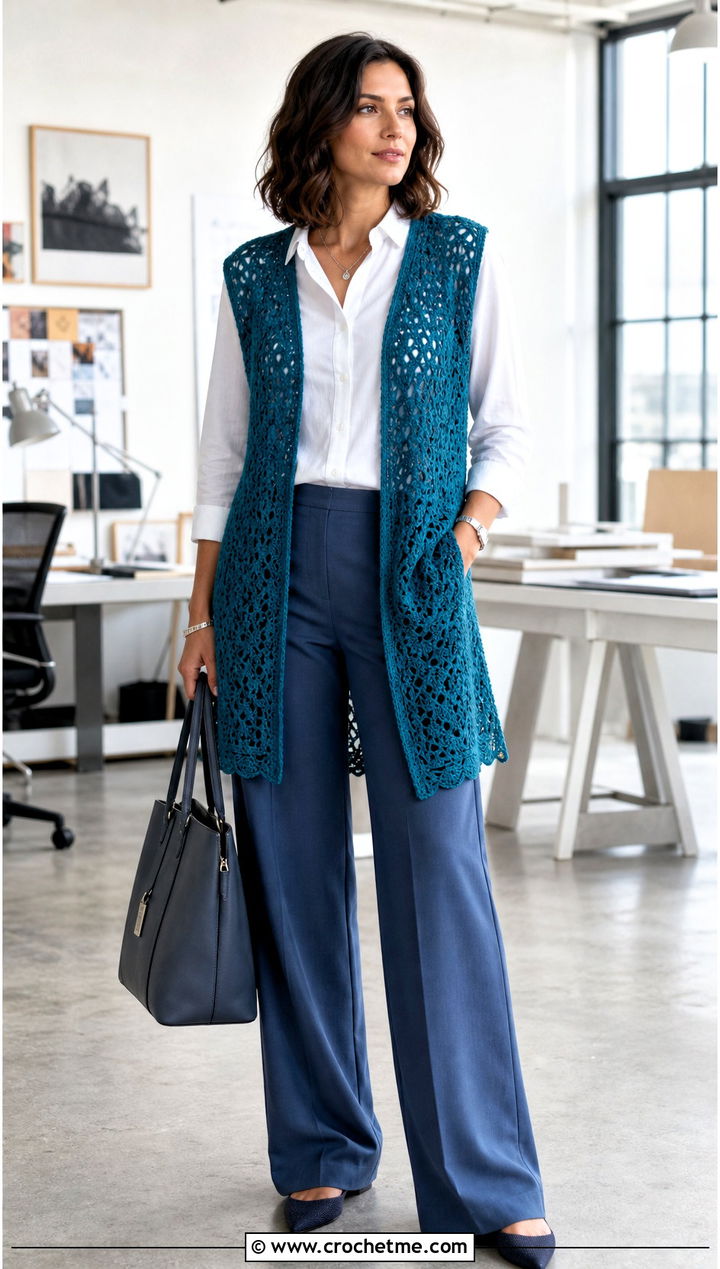 Sleeveless Crochet Vest Cover Up With Office Trousers - 30 crochet beach cover up top outfit ideas