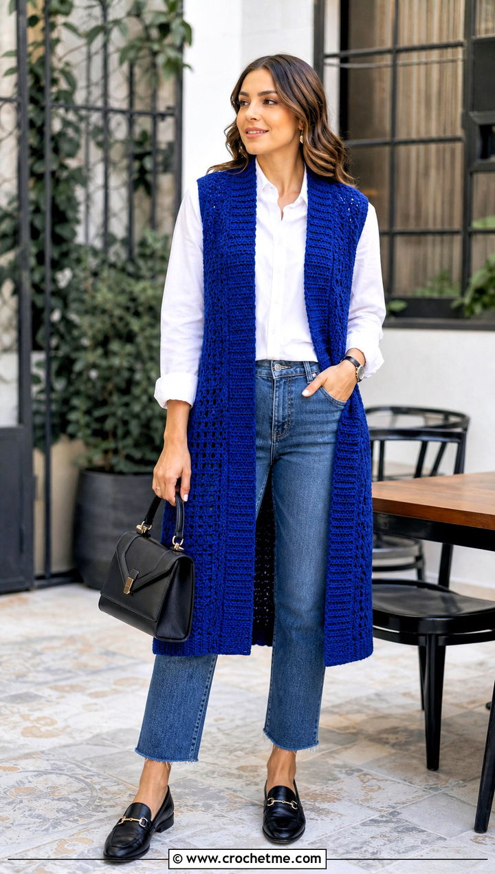 Sleeveless Crochet Vest Duster With White Shirt And Jeans - 25 Easy Crochet Duster outfit ideas