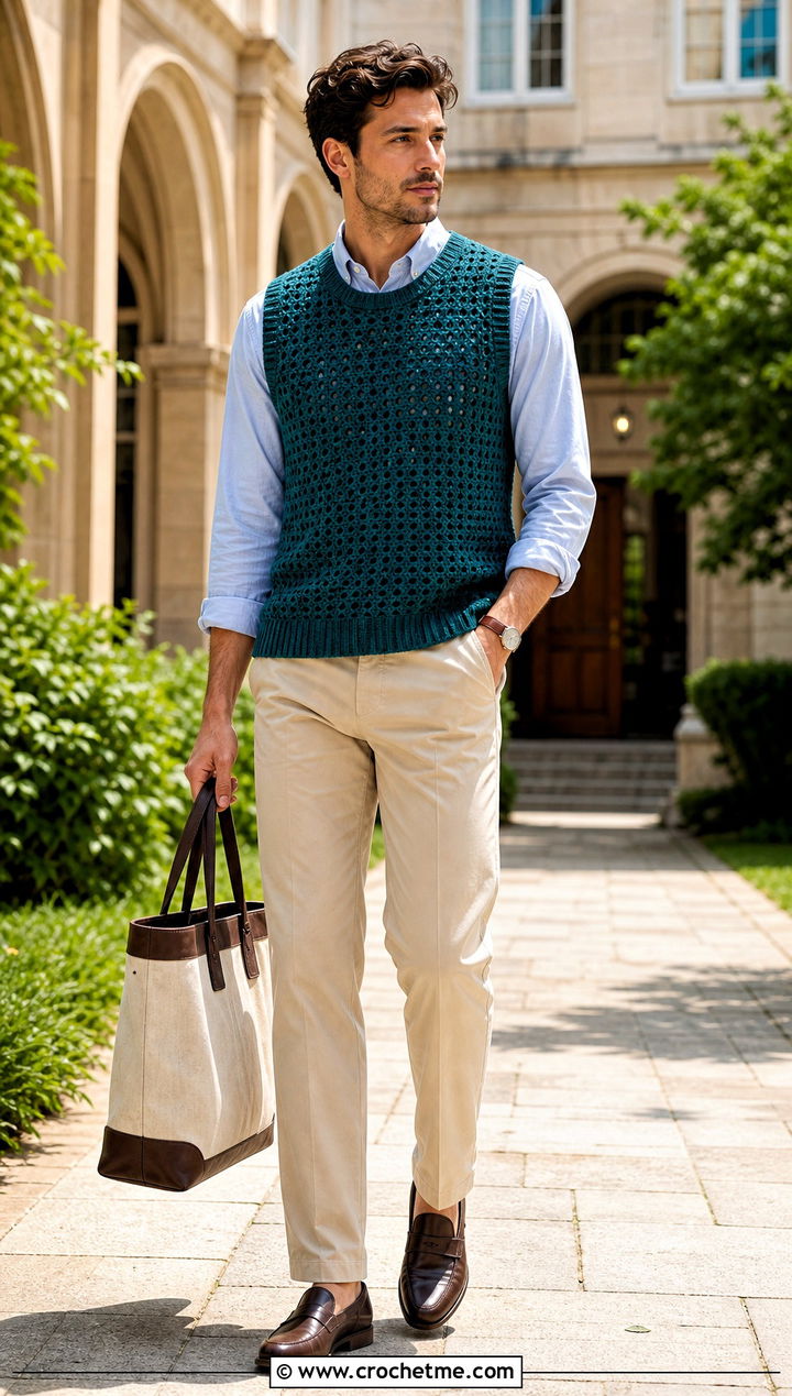 Sleeveless Crochet Vest Top With Oxford Shirt - 35 Mens Crochet Top outfit ideas